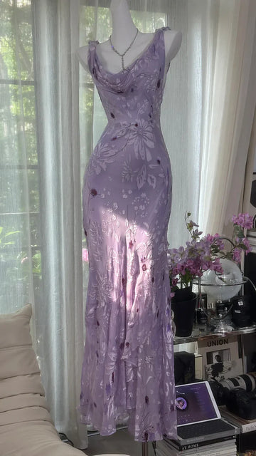 Gentle Retro Mermaid Straps Print Floral Purple Satin Prom Dress Formal Dress HZ1023